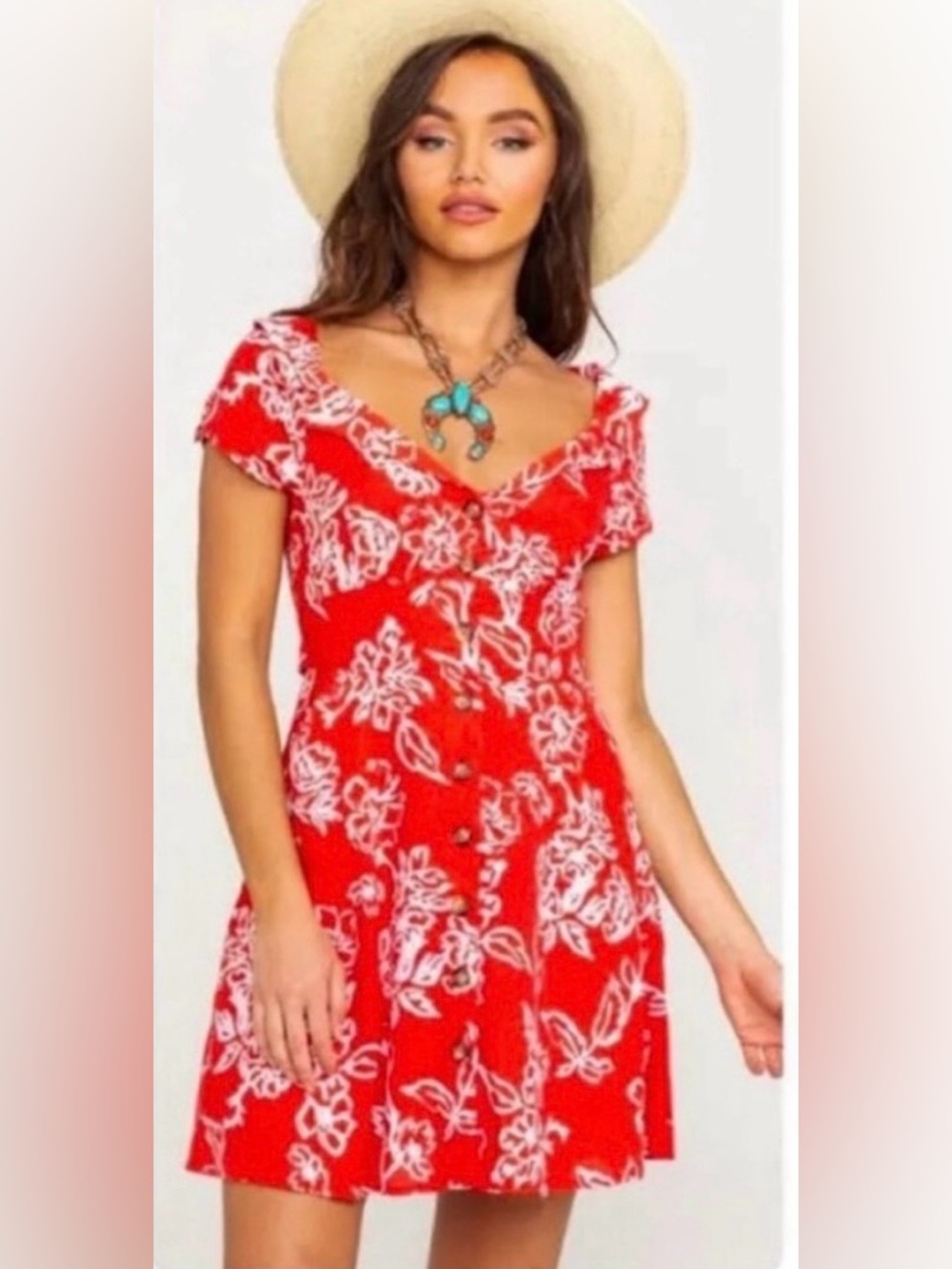 Free People A Thing Called Love Linen Blend Mini Dress Red Floral Print Size 4